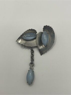 Vintage Natalie Signed Blue Glass Cabochon Leaf Dangle Brooch Pin Silver Tone